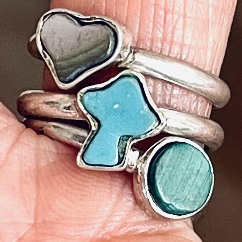 Turquoise MCM Mushroom Ring Lot Sz 7 60s Stackable VTG Sterling 1